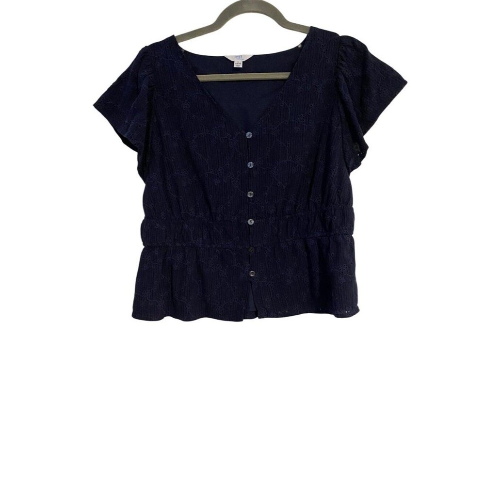 Time & Tru Women's Navy Top Eyelet Button-Front Peplum Blouse Lined Peasant Boho